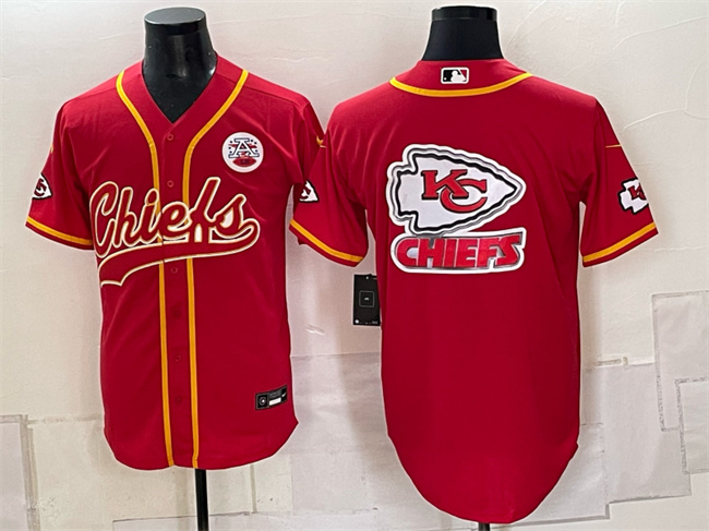 Men's Kansas City Chiefs Red Gold Team Big Logo With Patch Cool Base Stitched Baseball Jersey